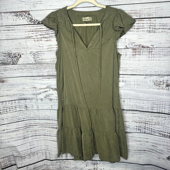 Knox Rose Olive Green Chambray Ruffle Layered Dress Med - Picture 1 of 3